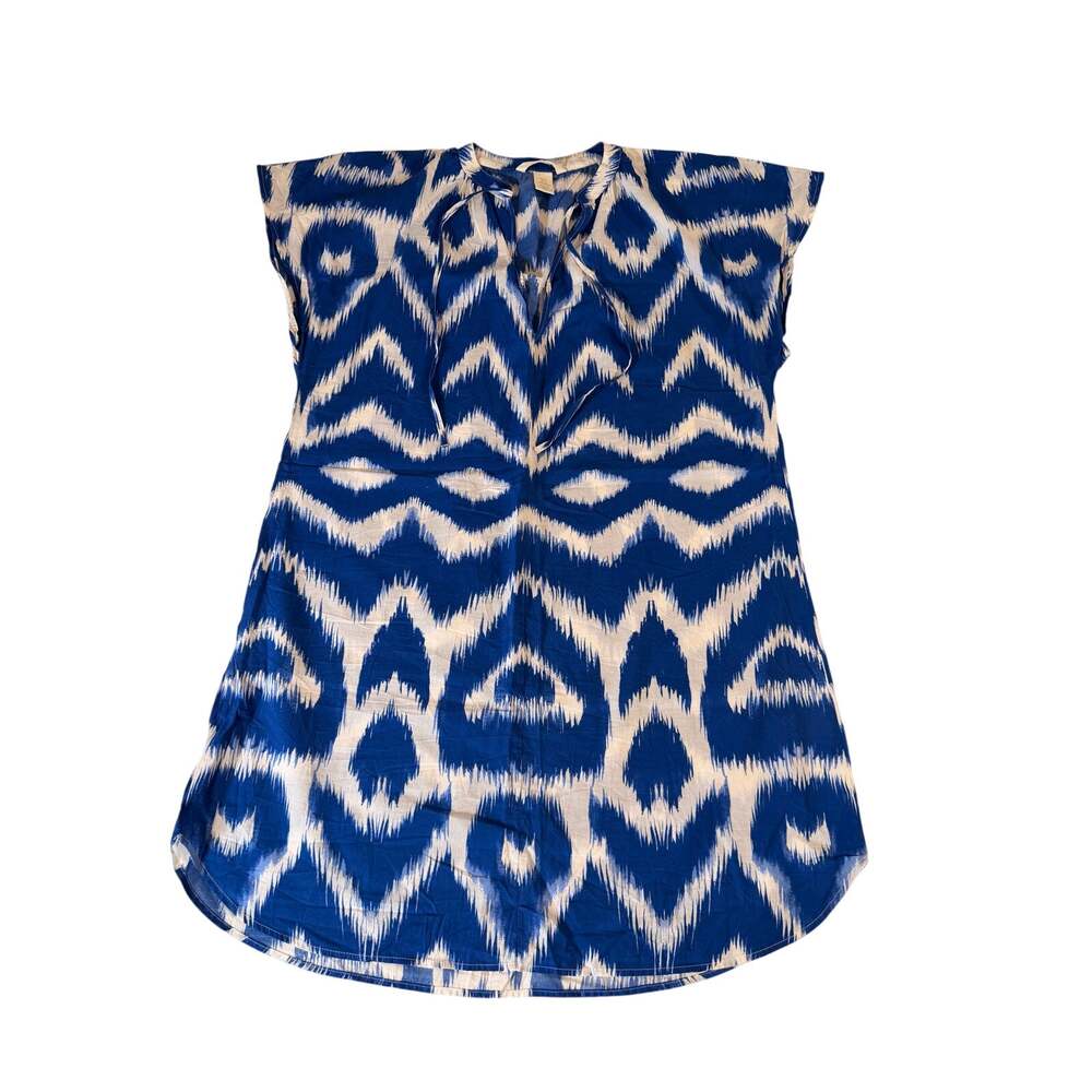 H&M Blue White Ikat Print Cotton Tunic Cover Up Dress Size S